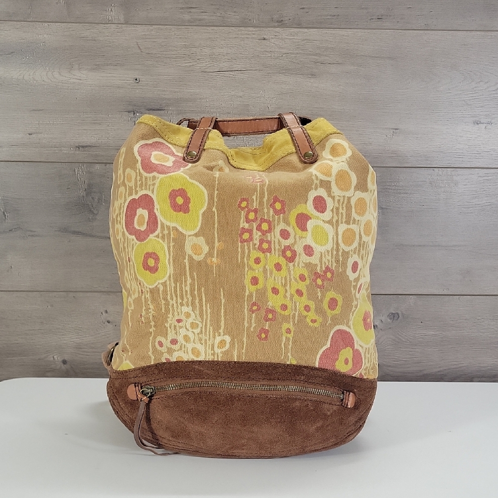Lucky Brand Canvas/Leather Floral Drawstring Backpack - Yellow/Pink